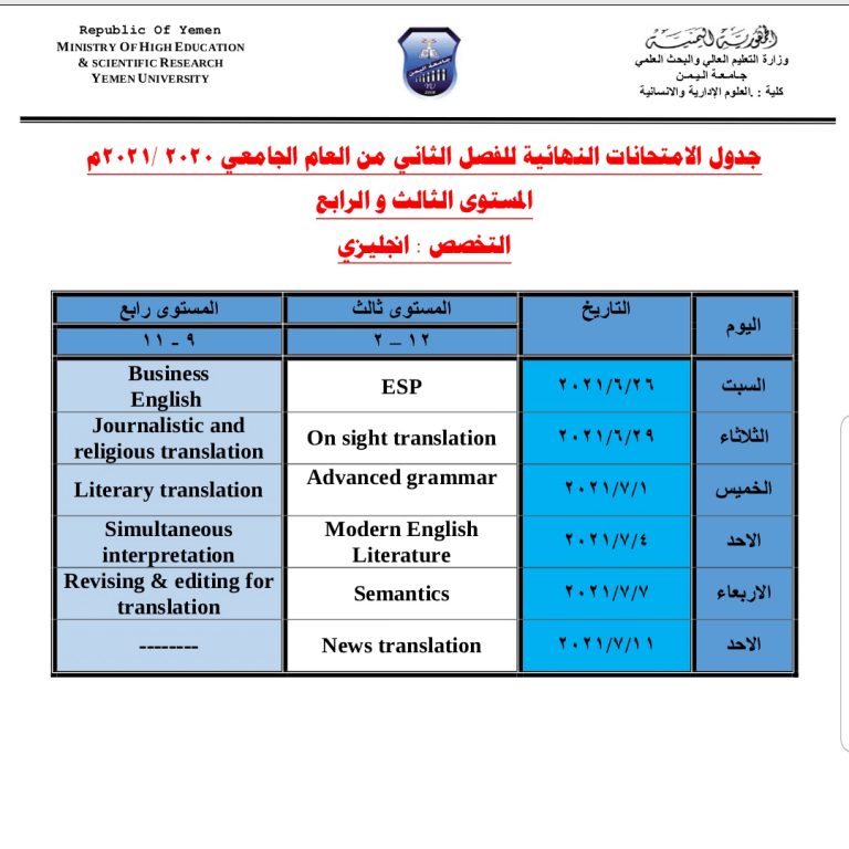 الجداول الامتحانية النهائية للفصل الثاني من العام 2020-2021م لكلية العلوم الإدارية والإنسانية