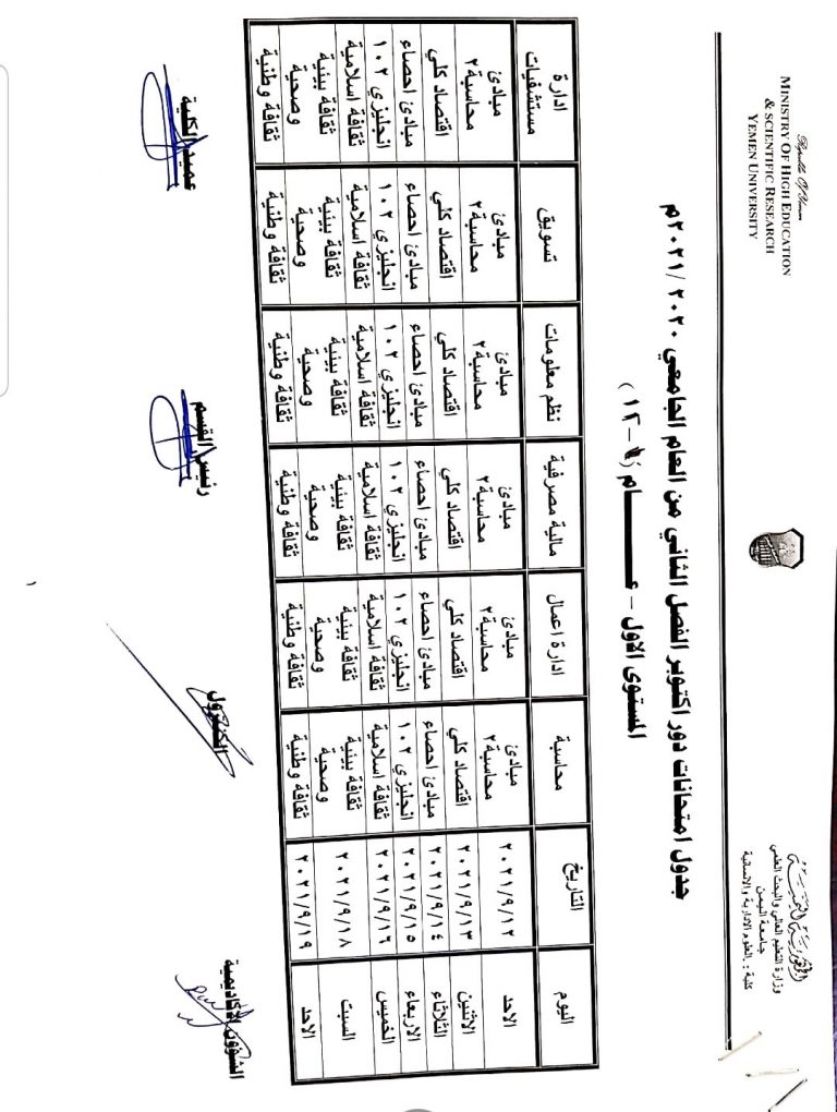 جدول دور أكتوبر لكلية العلوم الإدارية والإنسانية للعام 2021/2020م
