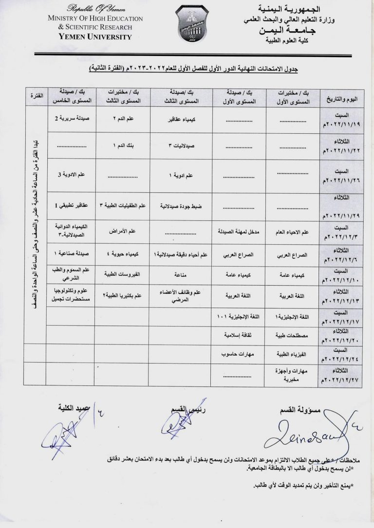 الجداول الامتحانية للفصل الاول من العام 2022/2023م لكلية العلوم الطبية